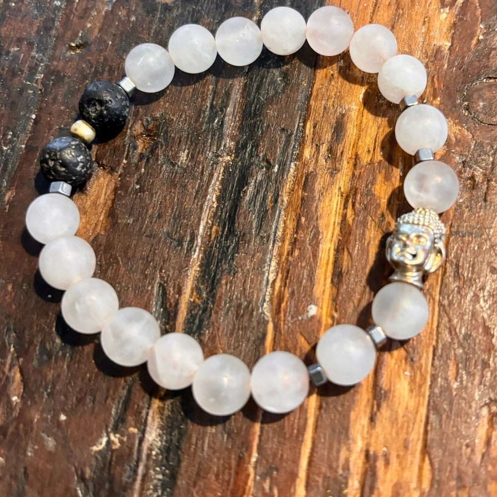 Handmade rose quartz and lava bead bracelet. 7.5 inches.